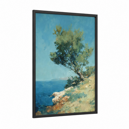 Coastal Juniper framed juniper tree print — black wood frame — blue and gold palette