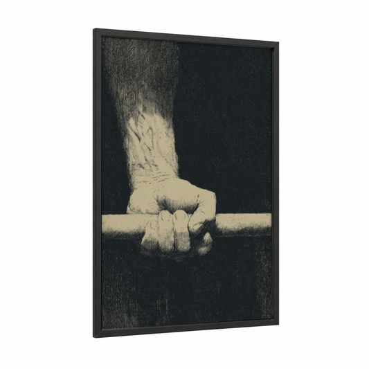 Grip And Determination framed surfing print — black wood frame — black and white palette
