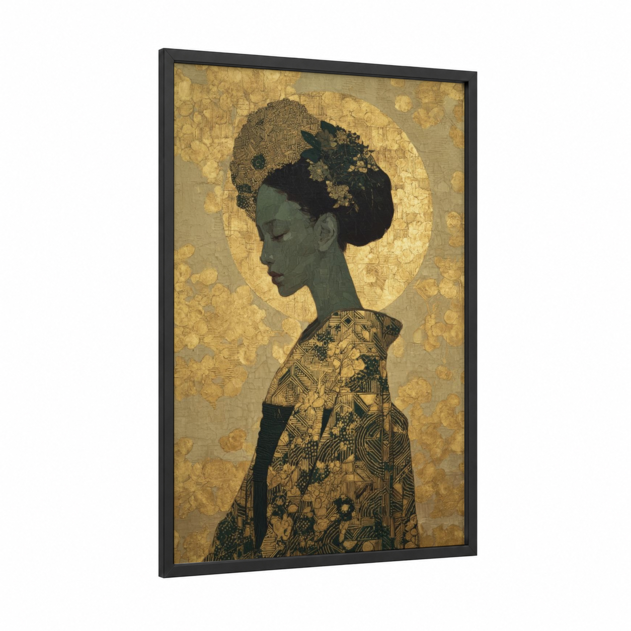 Ethereal Elegance Ghost framed art print — black wood frame — gold and sage green palette