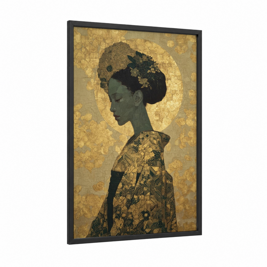 Ethereal Elegance Ghost framed art print — black wood frame — gold and sage green palette