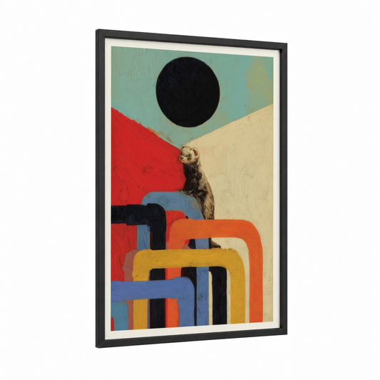 Geometric Ferret framed art print — black wood frame — red and blue palette