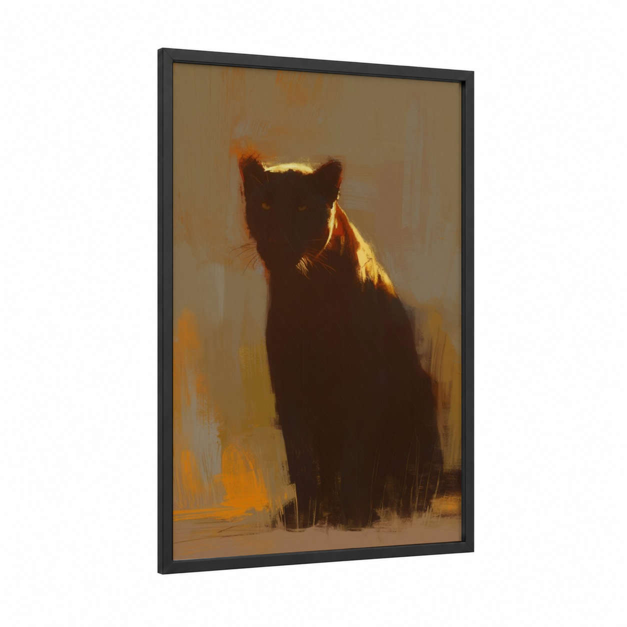 Golden Panther framed art print — black wood frame — gold and black palette
