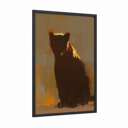 Golden Panther framed art print — black wood frame — gold and black palette