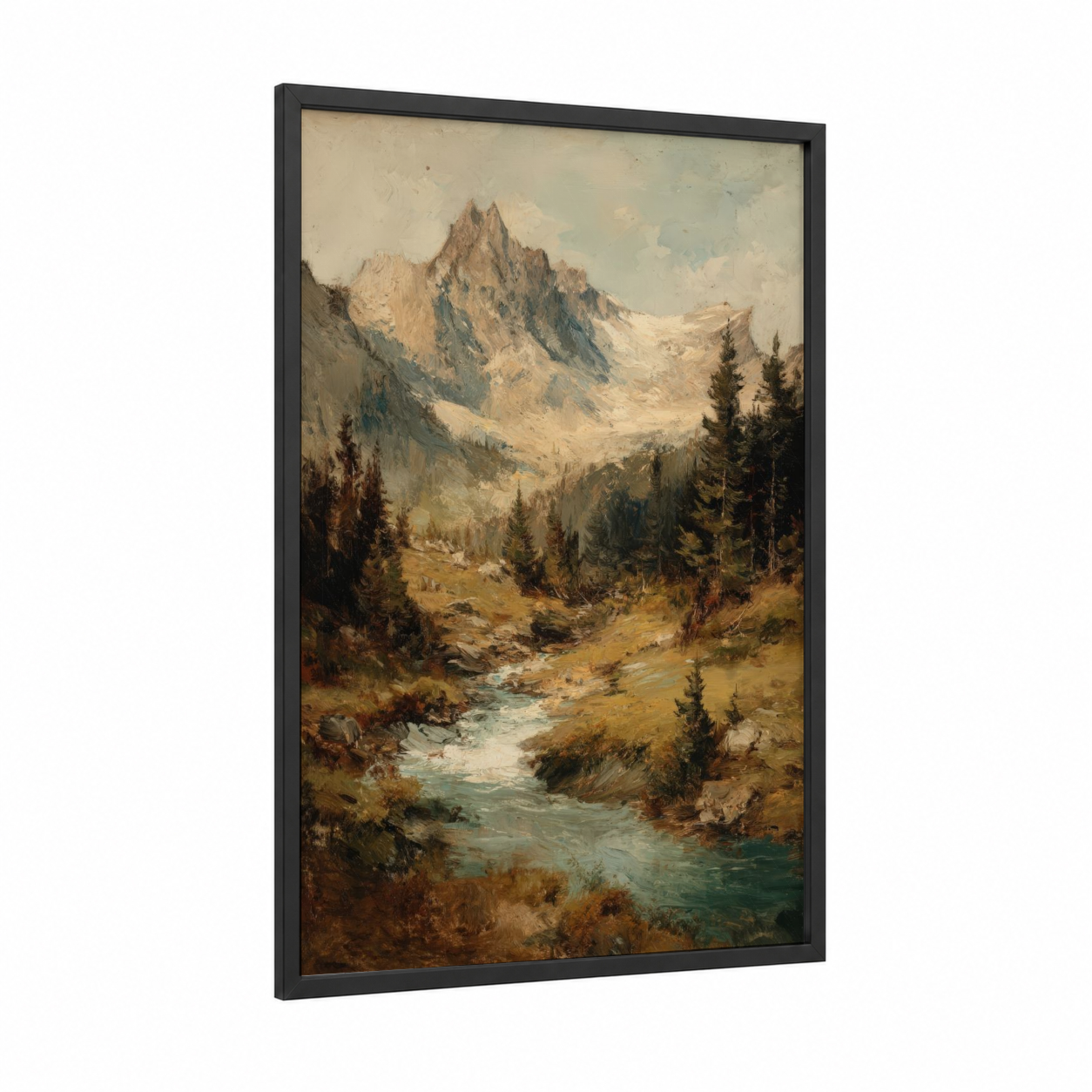 Alpine Peak Landscape framed alps print — black wood frame — gold and blue and green palette