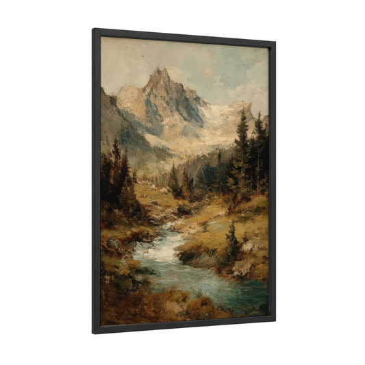 Alpine Peak Landscape framed alps print — black wood frame — gold and blue and green palette