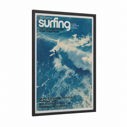Wave Rider Action framed surfing print — black wood frame — blue and white palette