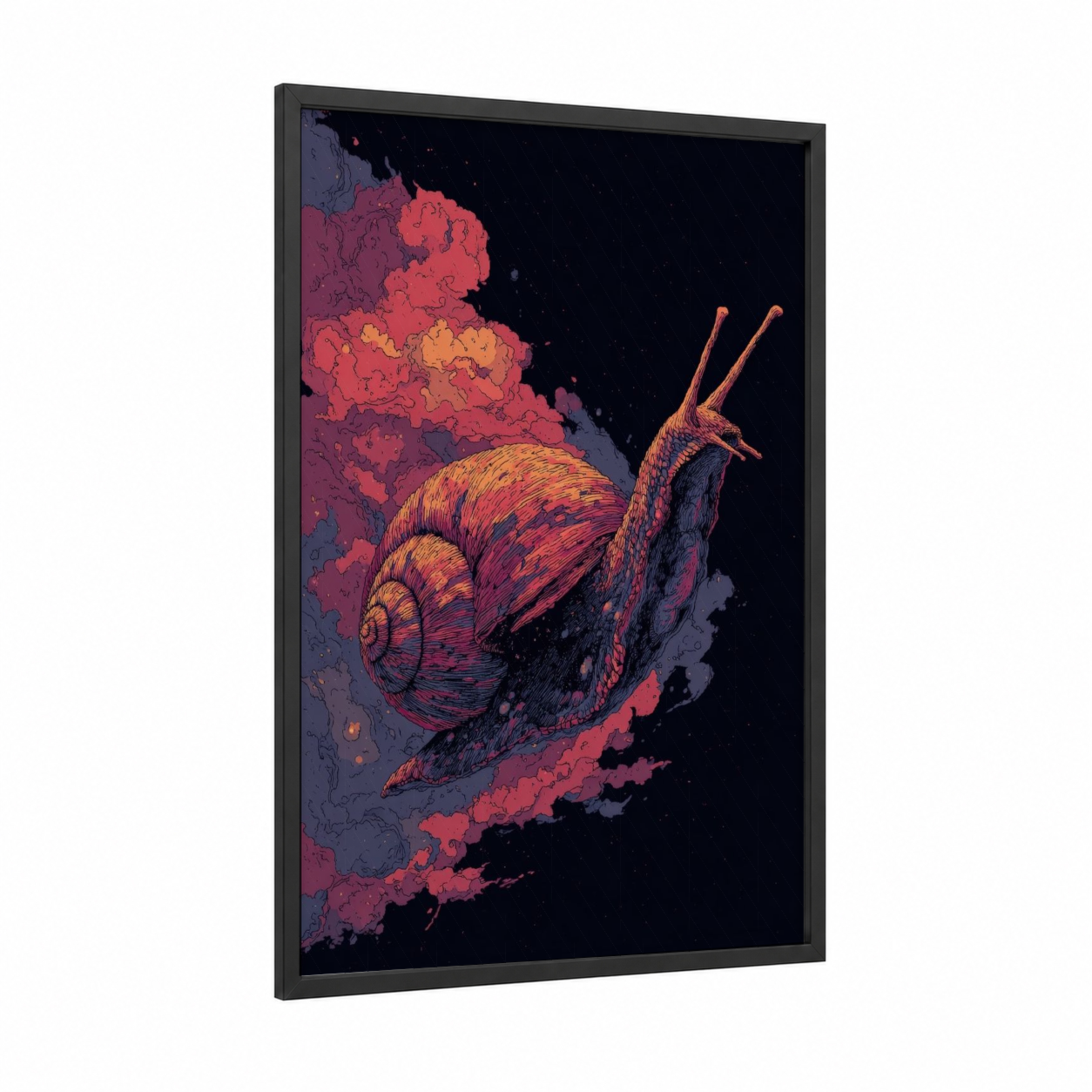 Cosmic Snail framed art print — black wood frame — magenta and orange palette