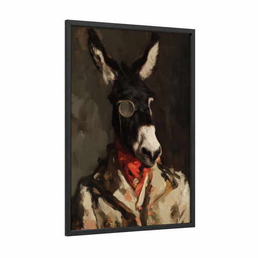 Monocled Donkey framed art print — black wood frame — black and red palette