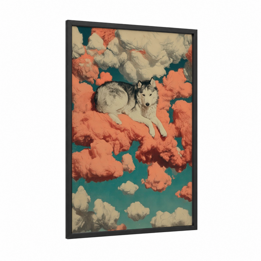 Dreaming Husky framed art print — black wood frame — salmon pink and teal palette