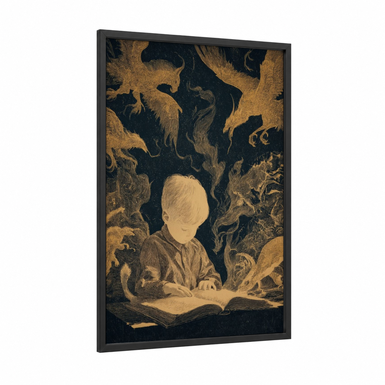 Storybook Dreams framed kids magic and fantasy print — black wood frame — gold and black and white palette