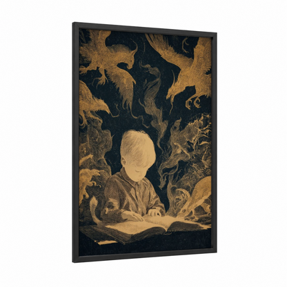 Storybook Dreams framed kids magic and fantasy print — black wood frame — gold and black and white palette