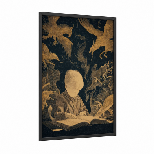 Storybook Dreams framed kids magic and fantasy print — black wood frame — gold and black and white palette