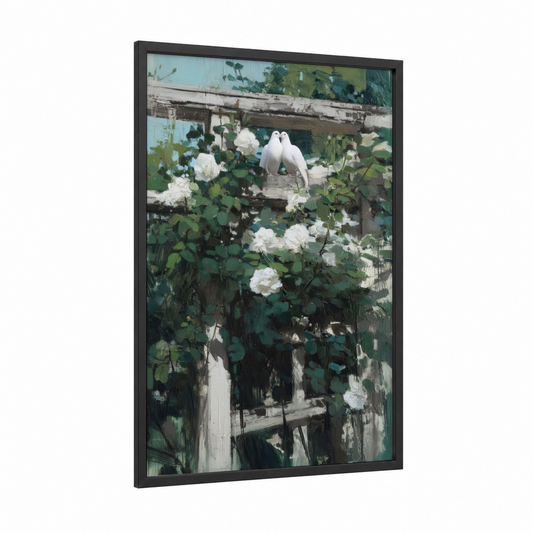 White Doves Garden framed art print — black wood frame — white and light green palette