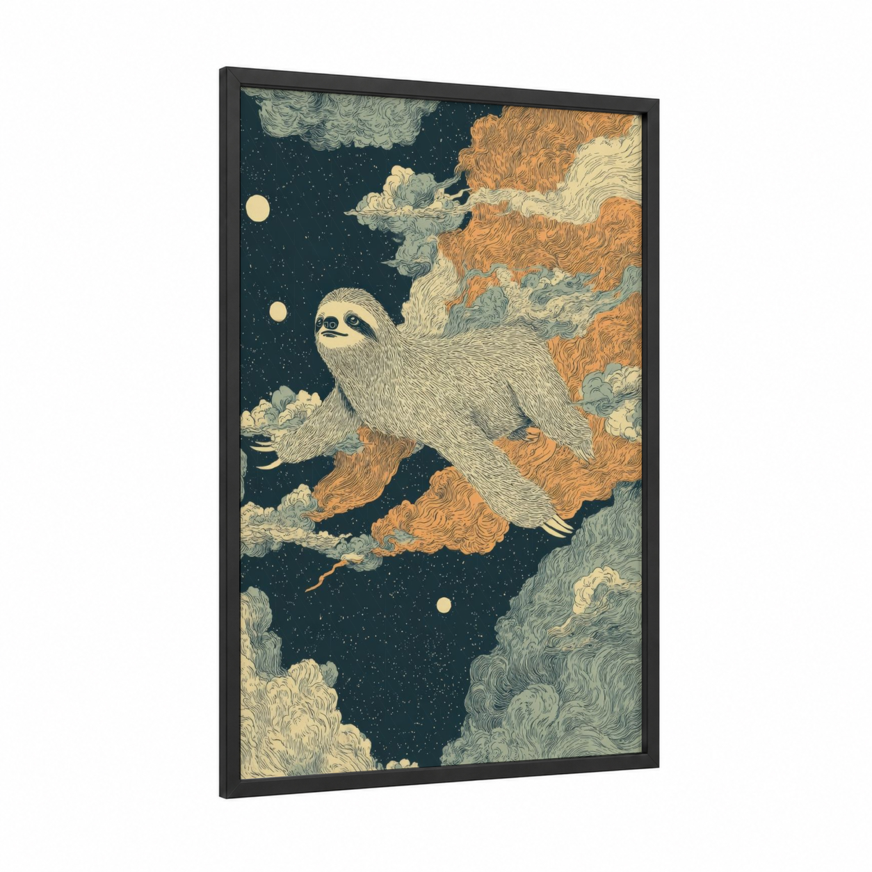 Celestial Sloth framed art print — black wood frame — dark blue and gold palette