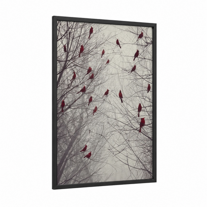 Crimson Cardinals Winter framed art print — black wood frame — maroon and gray palette