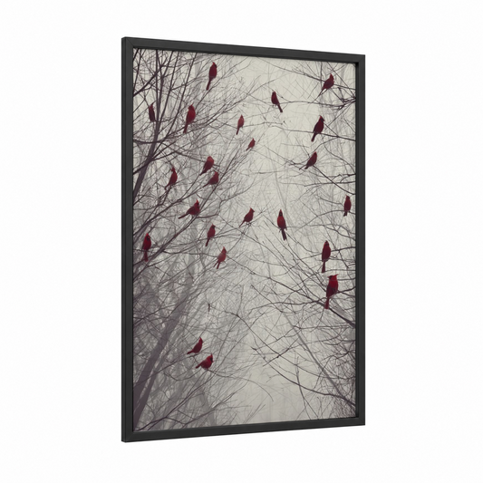 Crimson Cardinals Winter framed art print — black wood frame — maroon and gray palette