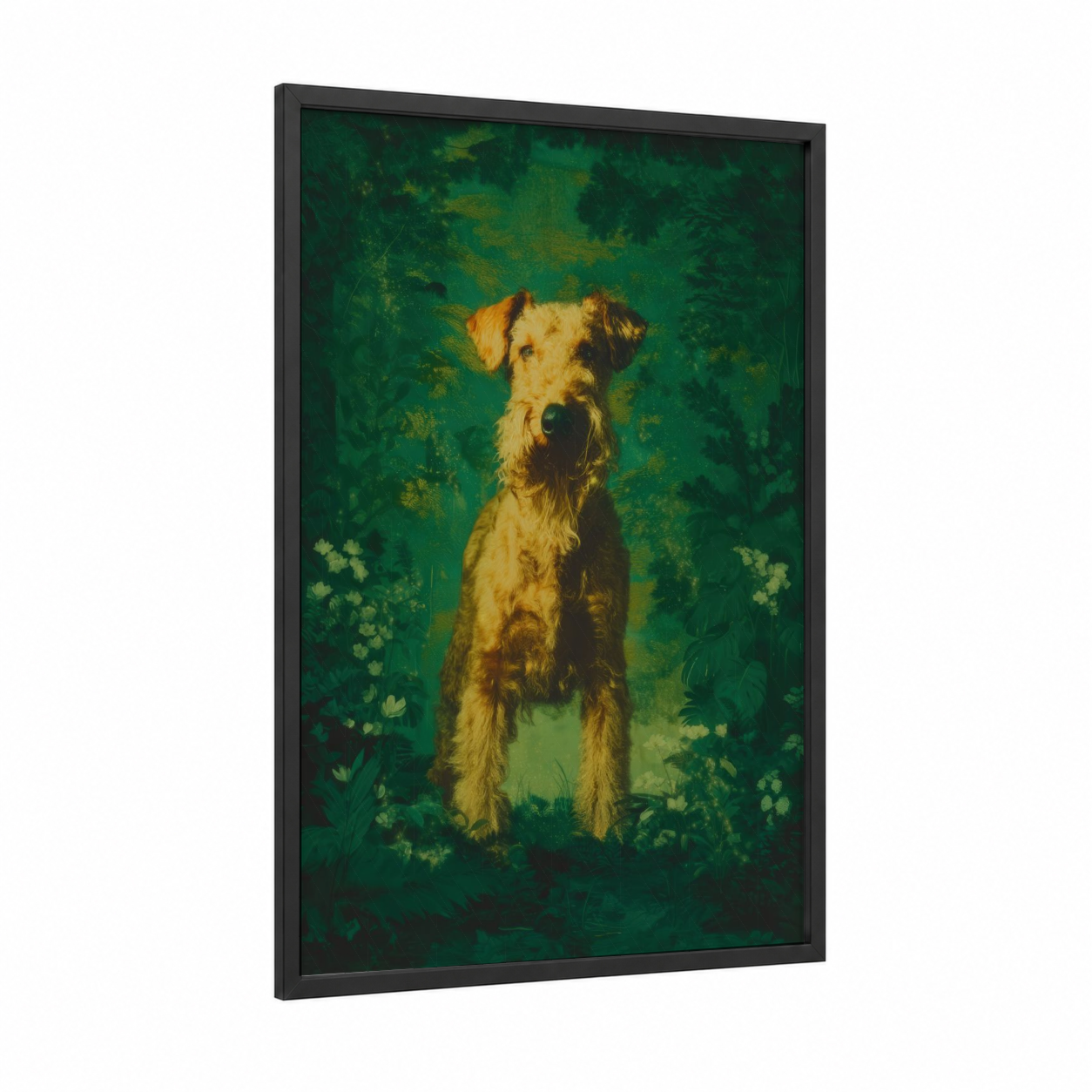 Golden Terrier Garden framed art print — black wood frame — gold and green palette