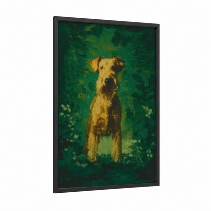 Golden Terrier Garden framed art print — black wood frame — gold and green palette