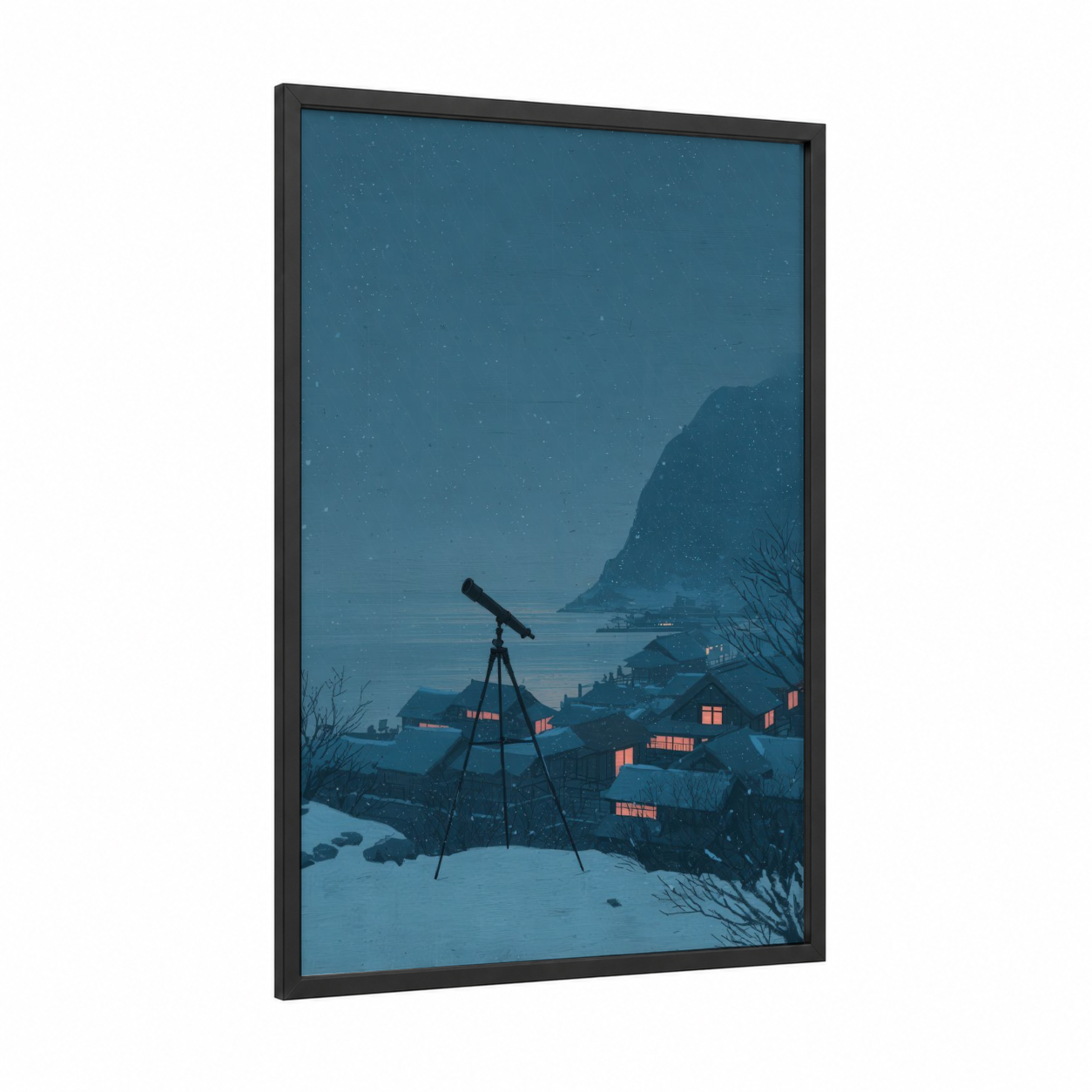 Starry Night Spyglass framed art print — black wood frame — blue and gold palette
