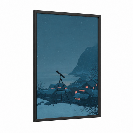 Starry Night Spyglass framed art print — black wood frame — blue and gold palette