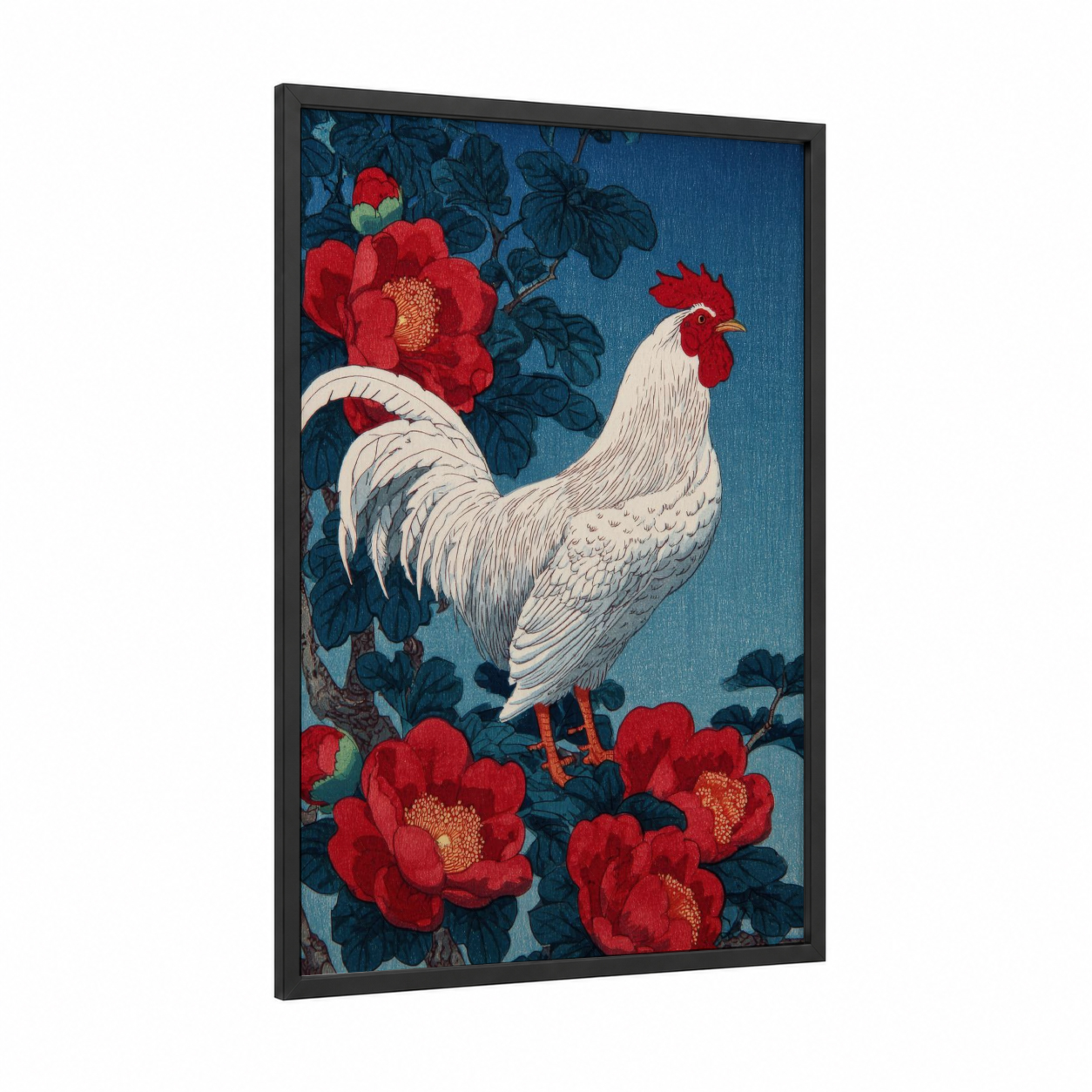 Crimson Rooster framed chicken and roosters print — black wood frame — blue and white and red palette