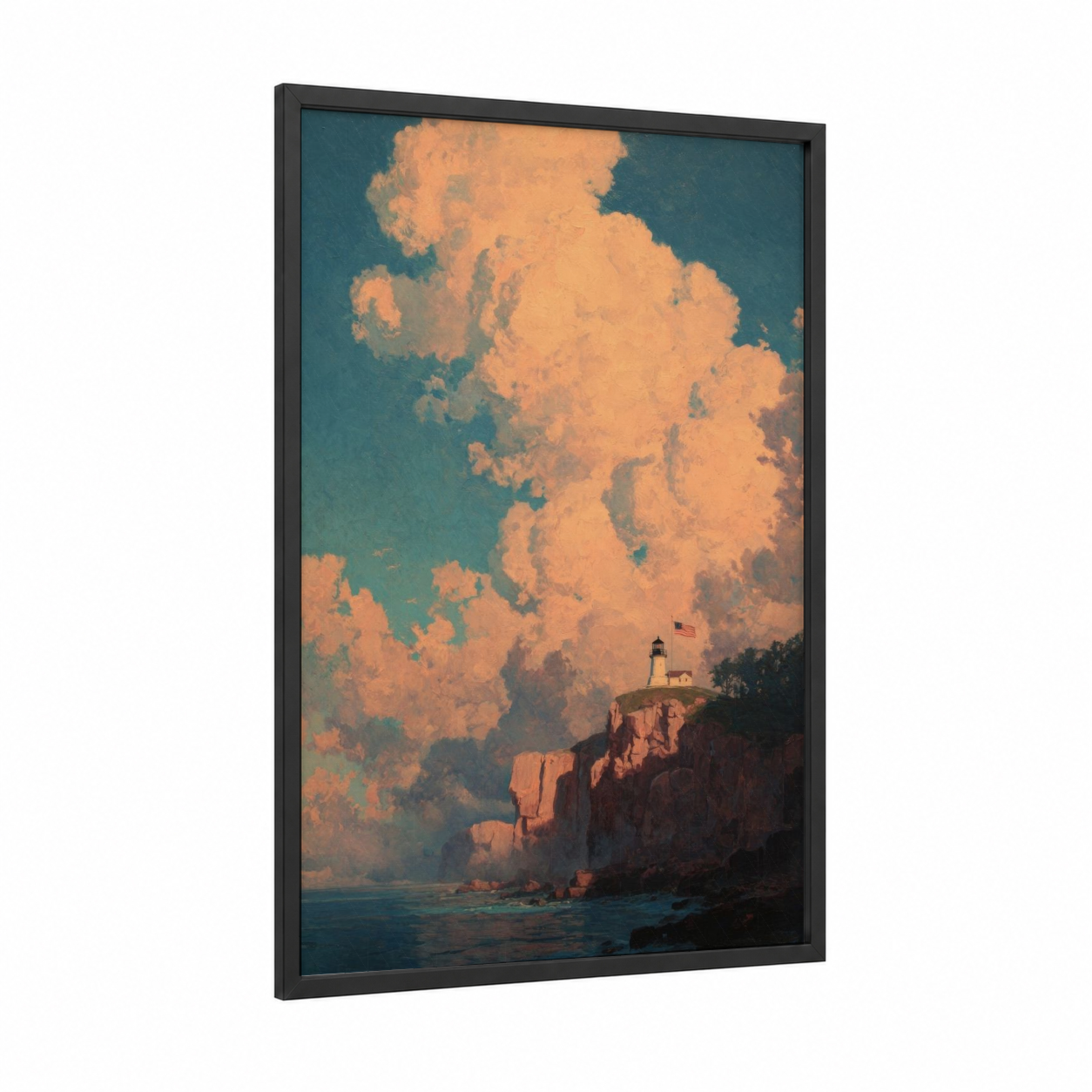 Coastal Lighthouse Dusk framed 4th of july print — black wood frame — gold and teal palette