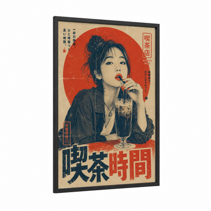 Vintage Japanese Coffee Shop Wall Art framed fashion illustration print — black wood frame — red and beige palette