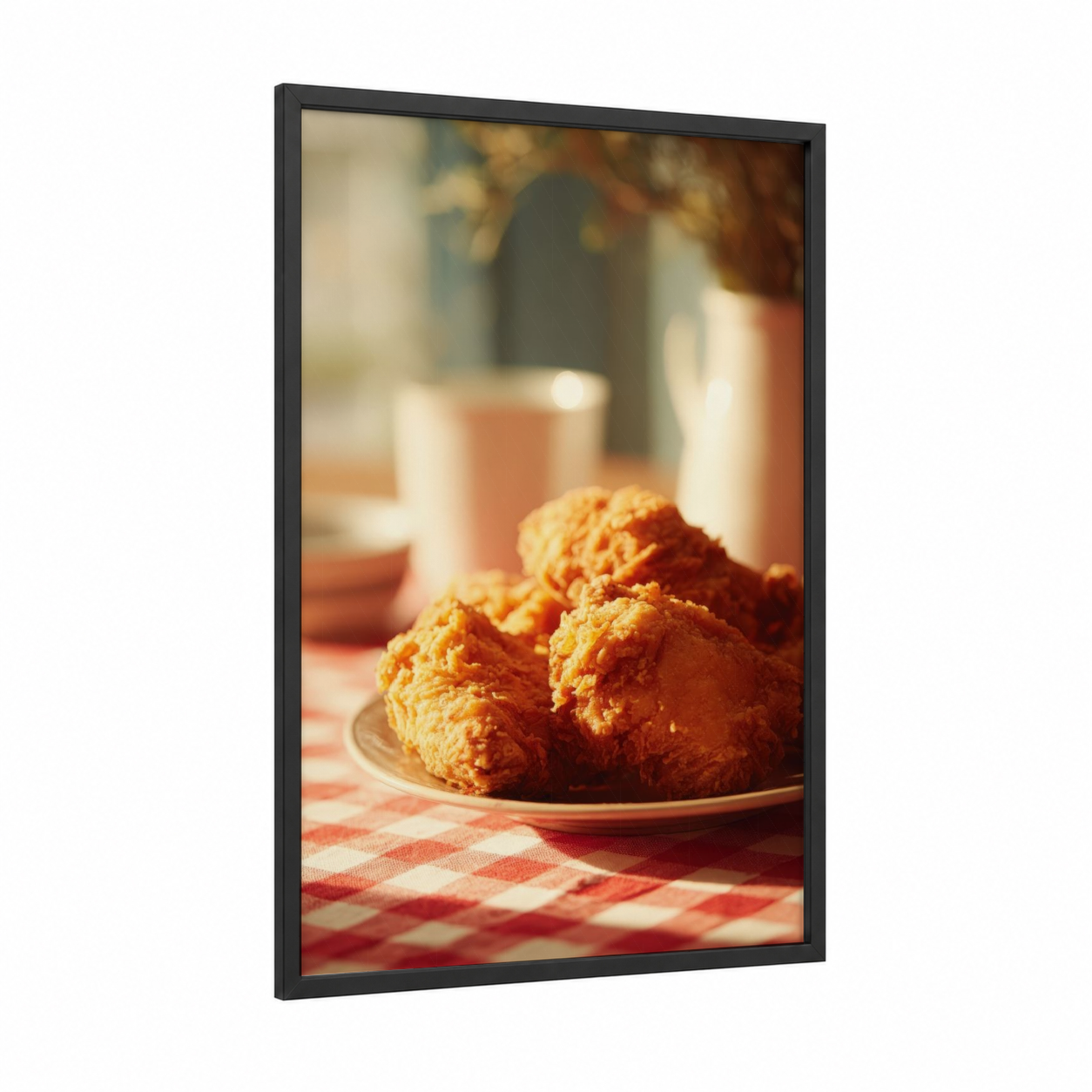 Golden Fried Chicken framed poultry print — black wood frame — gold and cream palette