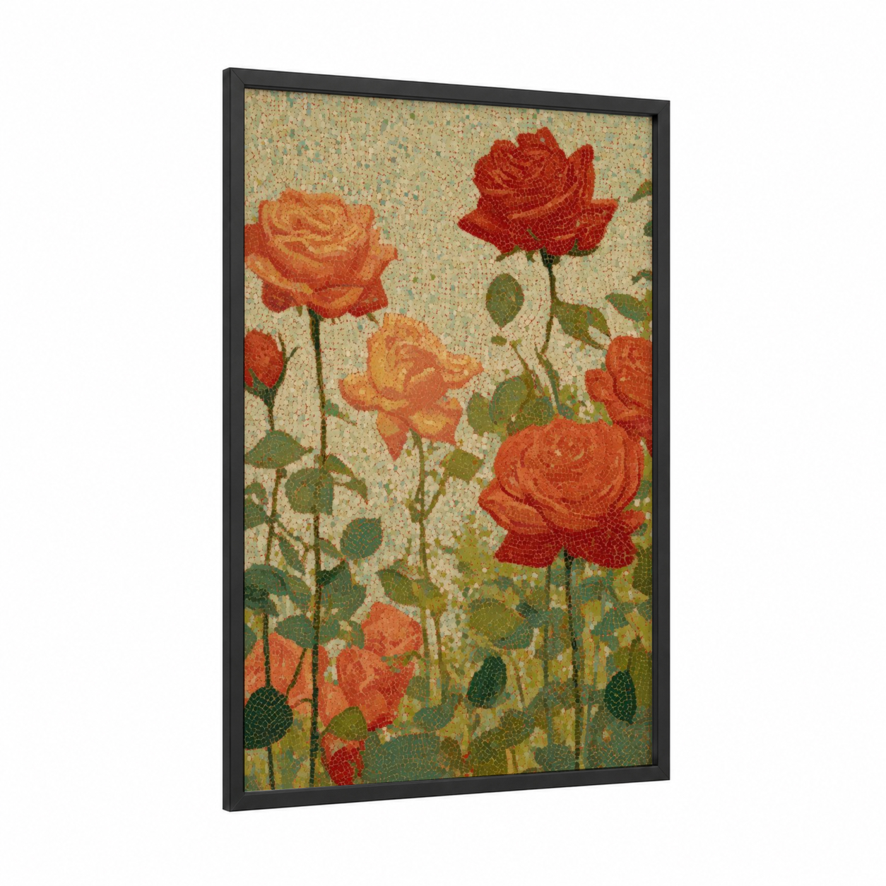 Crimson Rose Garden framed roses print — black wood frame — red and gold palette