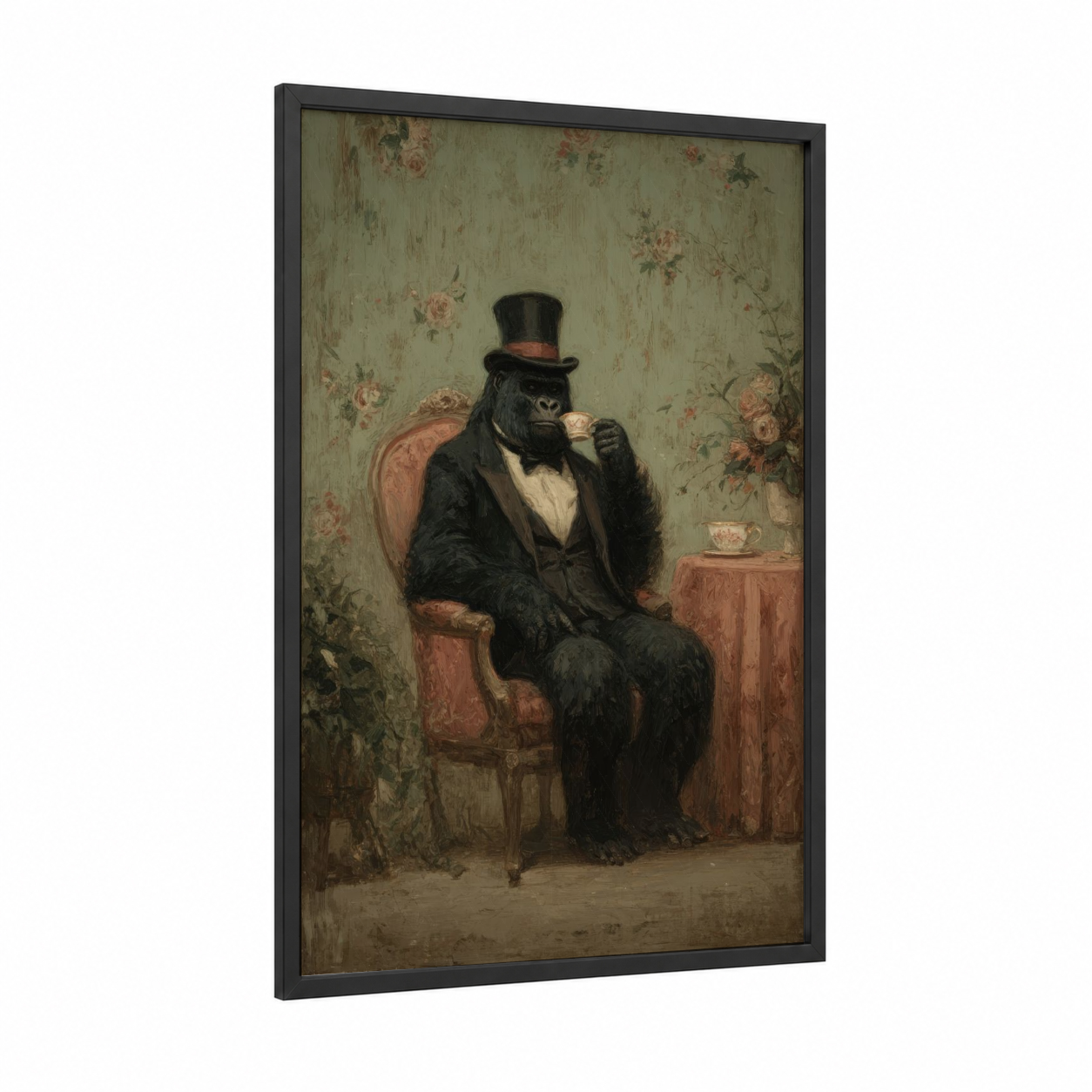 Dapper Gorilla framed art print — black wood frame — sage green and peach palette