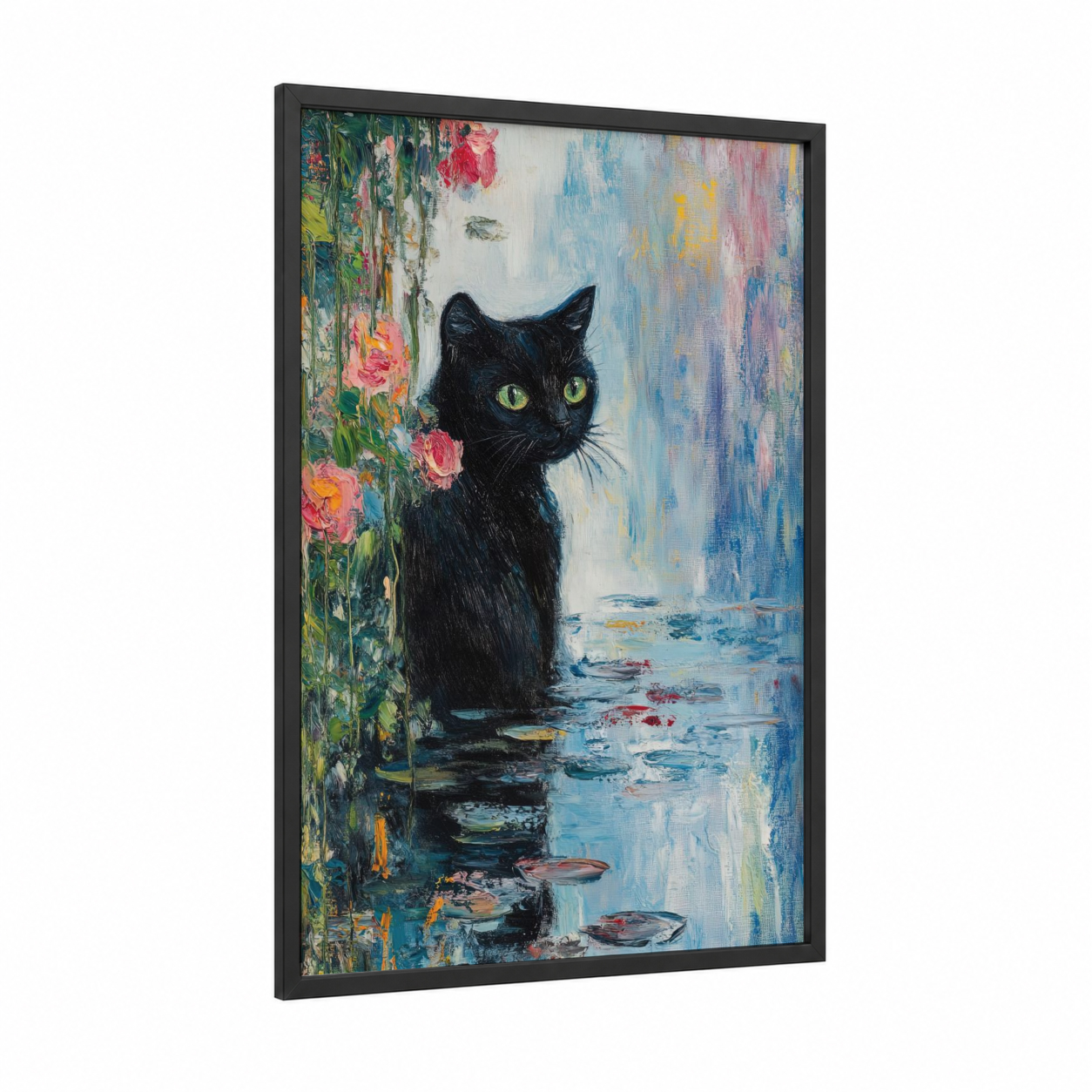 Black Cat Garden framed art print — black wood frame — blue and black palette