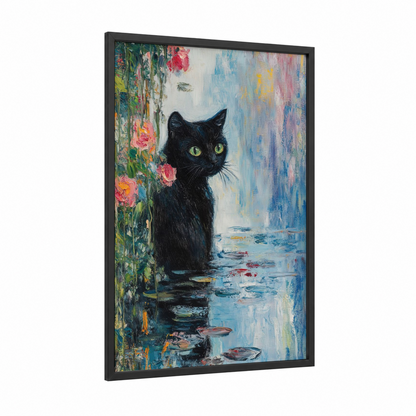 Black Cat Garden framed art print — black wood frame — blue and black palette