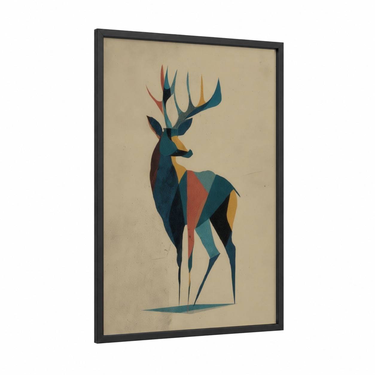 Geometric Elk framed art print — black wood frame — teal and mustard palette