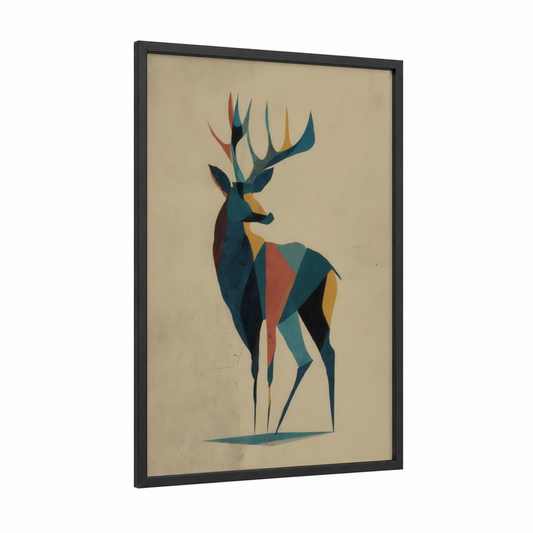 Geometric Elk framed art print — black wood frame — teal and mustard palette