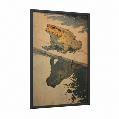 Toad on Branch framed frogs and toads print — black wood frame — beige and sage green palette