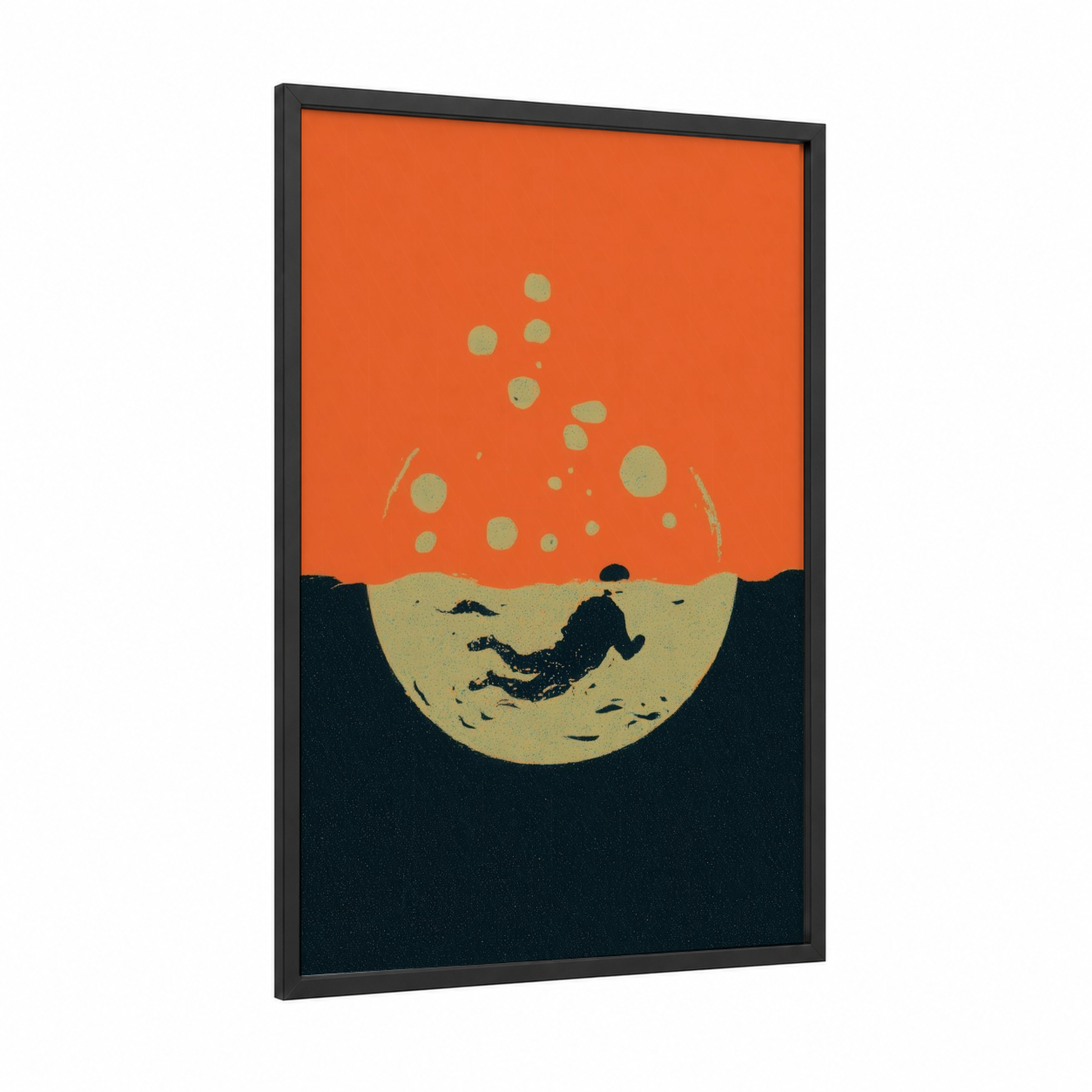 Underwater Swimmer framed swimming print — black wood frame — orange and black palette