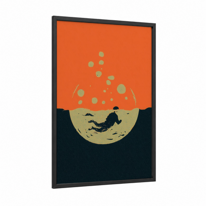 Underwater Swimmer framed swimming print — black wood frame — orange and black palette