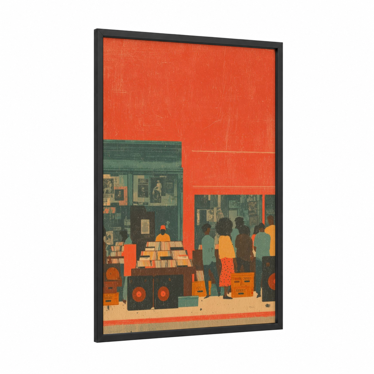 Funk Vinyl Shop framed art print — black wood frame — red and teal palette