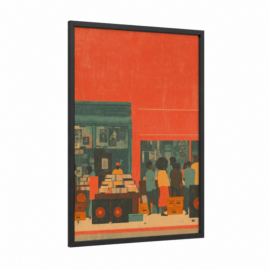 Funk Vinyl Shop framed art print — black wood frame — red and teal palette