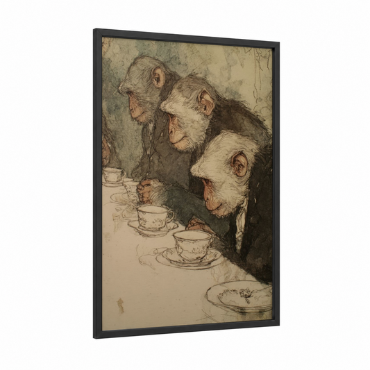 Tea Time Monkeys framed art print — black wood frame — beige and gray palette