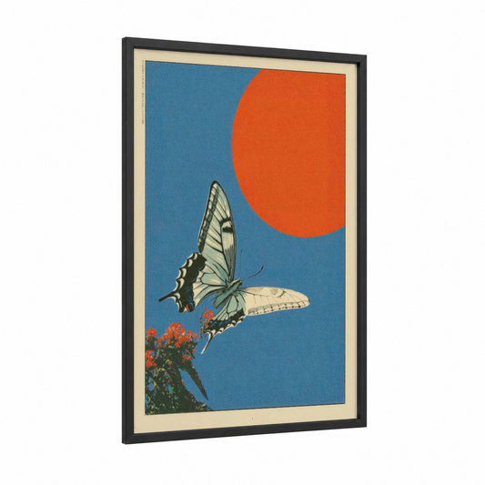 Swallowtail Sunset framed japanese y2k print — black wood frame — blue and red palette