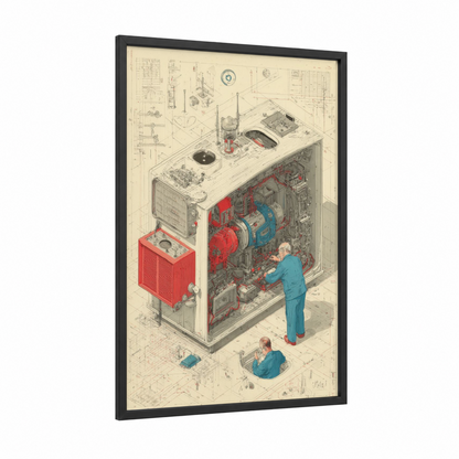 Industrial Machinery Cutaway framed factory print — black wood frame — cream and red palette