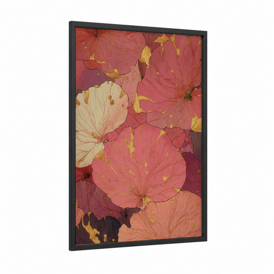Blush Floral Spring framed art print — black wood frame — salmon pink and gold palette