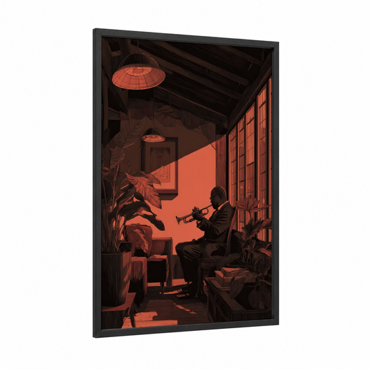 Sunset Trumpeter framed musician print — black wood frame — orange and brown palette