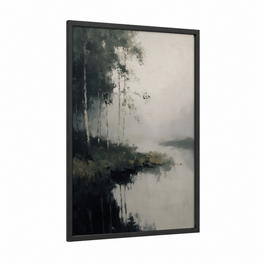 Misty Birch Forest framed art print — black wood frame — gray and white and dove gray palette