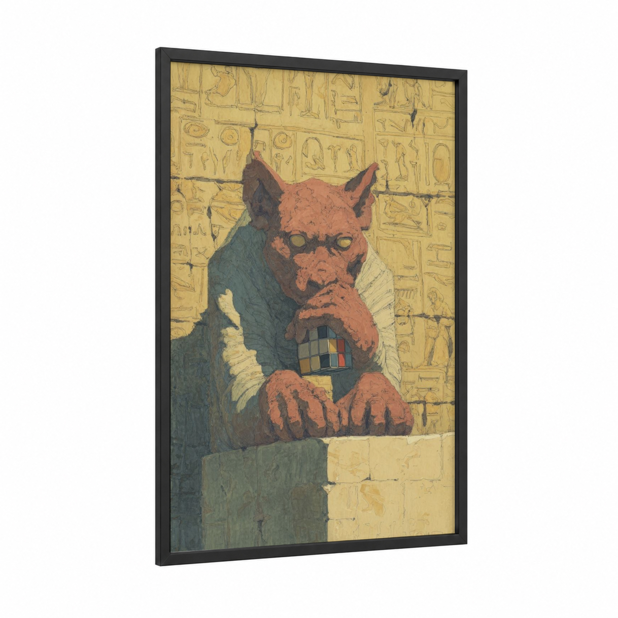 Guardian Sphinx framed art print — black wood frame — gold and russet palette
