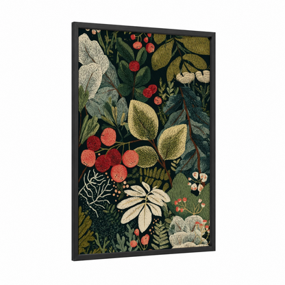 Botanical Garden Leaves framed leaf print — black wood frame — dark green and cream palette