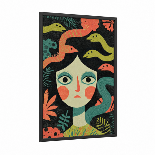 Serpent Medusa framed art print — black wood frame — orange and lime green palette