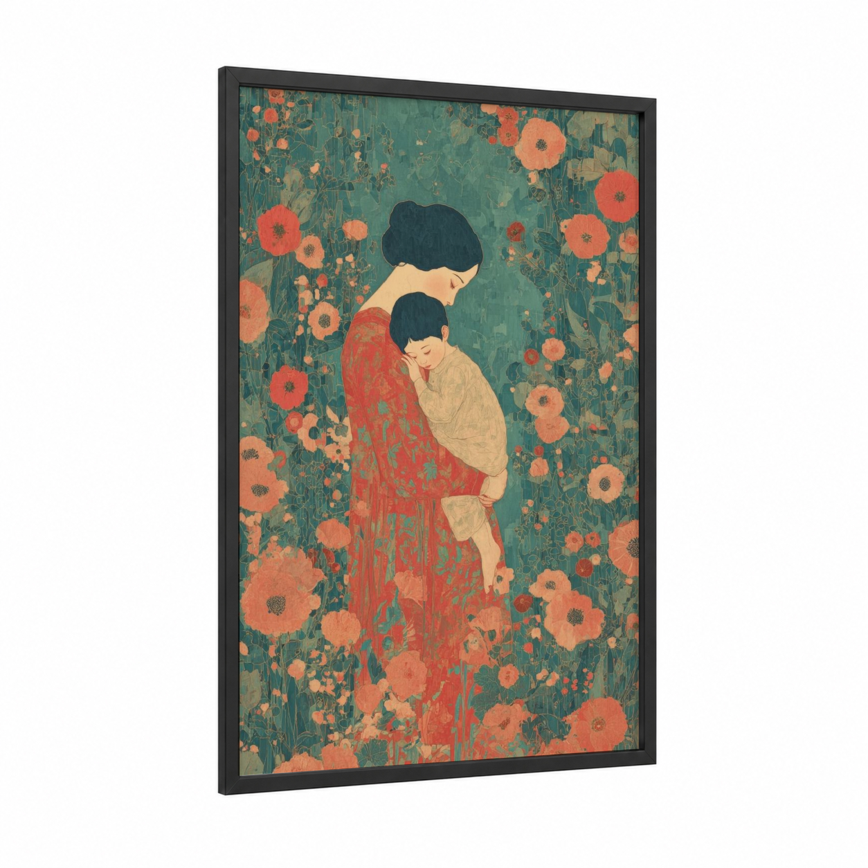 Tender Mother Love framed mother's day print — black wood frame — teal and salmon pink palette