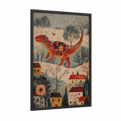 Crimson Dinosaur Village framed art print — black wood frame — red and cream palette